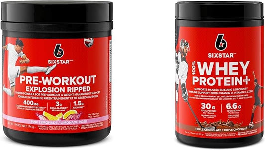 Pre Workout + Weight Loss Formula, Six Star Preworkout Explosion Ripped Energy Powder & Whey Protein Powder, Six Star 100% Whey Protein Plus, Whey Protein Isolate & Peptides, Lean Protein Powder