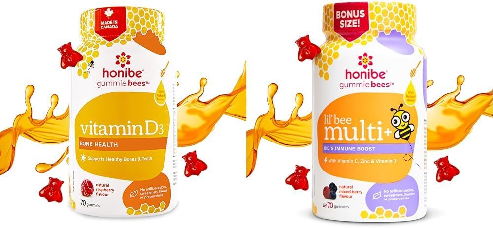 Honibe 儿童和成人维生素 D 软糖 | 加拿大制造的蜂蜜基维生素 & 儿童复合维生素软糖增强免疫力 | 加拿大制造的蜂蜜基维生素 | 70 粒软糖