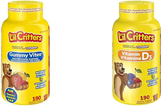 L'il Critters GummyVites 儿童复合维生素软糖,11 种必需营养素和儿童维生素 D3 软糖,800 IU 维生素 D3 每日剂量,支持骨骼健康*,天然来源的口味