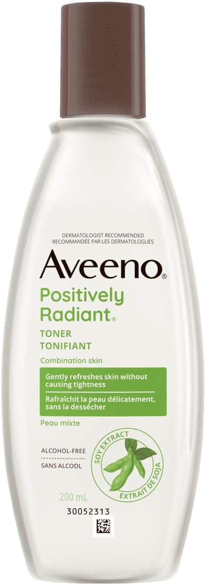 Aveeno Positively Radiant 每日保湿霜 SPF30,68 毫升(包装可能有所不同)和含大豆提取物的净肤爽肤水,不含酒精 - 6.7 液体盎司
