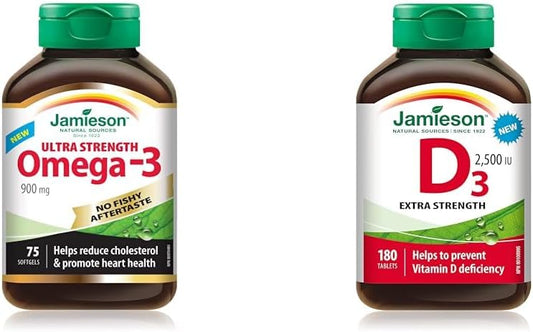 无鱼腥味 Omega-3 900 毫克超强效,75 片(1 包)和维生素 D 2500IU 全新 180 片