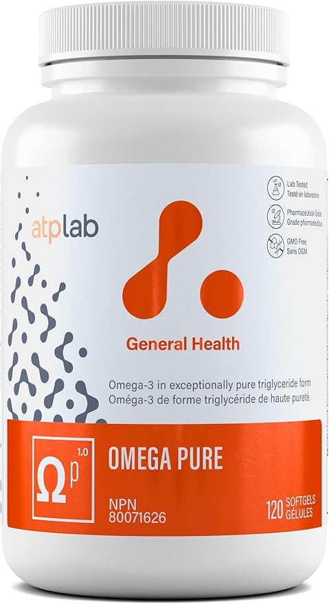 002 ATP Lab Omega Pure 120 粒軟膠囊 60 天供應量 - Omega-3 魚油 TG EPA DHA 和維生素 E,無魚腥味,支持大腦功能和心血管健康,不含基因改造成分,加拿大製造,易於吞嚥
