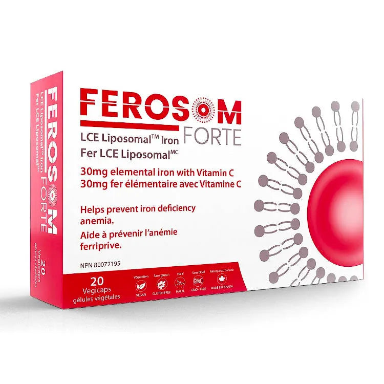 Canadian Ferosom Forte liposomal iron 20 capsules to prevent iron deficiency anemia patented liposome encapsulation high absorption no constipation pregnant women can use