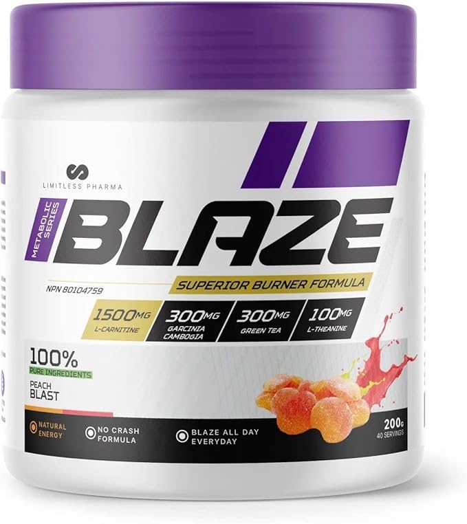 002 Limitless Pharma Blaze 产热脂肪燃烧器 | 支持脂肪代谢、体重管理、增加能量、耐力 | 左旋肉碱、藤黄果、绿茶、咖啡因 | 40份(桃子口味)