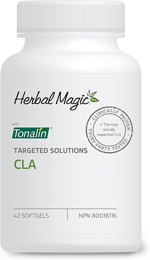 002 草本魔法 CLA 补充剂 800 毫克,42 粒软胶囊,7 天用量,共轭亚油酸,Tonalin CLA,适用于腹部、大腿和臀部,支持健身目标,非转基因且无染料,完美的运动前支持。
