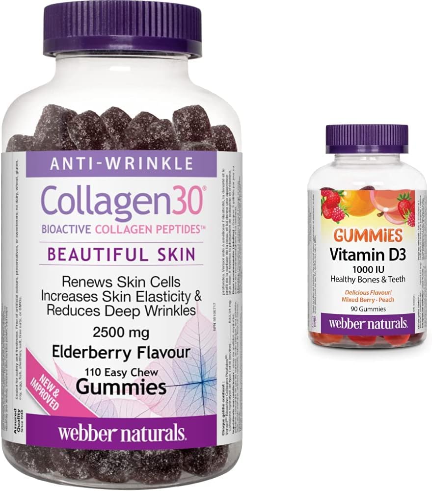 Webber Naturals 膠原蛋白 30 抗皺軟糖和維生素 D3 1,000 IU,90 粒軟糖,有益於骨骼和牙齒健康,保持身體健康,不含麩質和乳製品,非基因