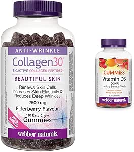 Webber Naturals Collagen30 Anti-Wrinkle Gummy & Vitamin D3 1,000 IU, 90 Gummies, For Healthy Bones, Teeth, and the Maintenance of Good Health, Gluten and Diary Free, Non-GMO