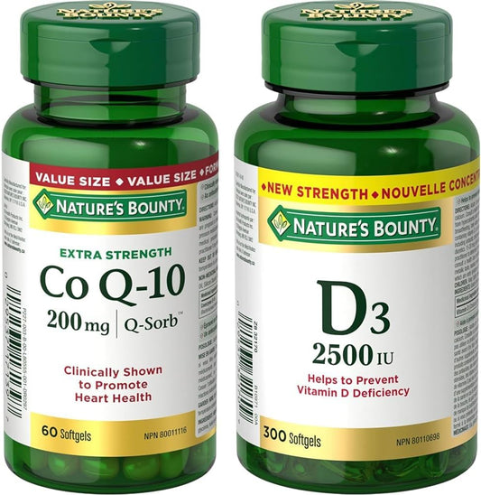 Nature's Bounty Co Q10 强效 200 毫克补充剂促进心脏健康,多色,60 粒软胶囊和维生素 D3 2500 IU,300 粒软胶囊,有助于预防维生素 D 缺乏症,超值装