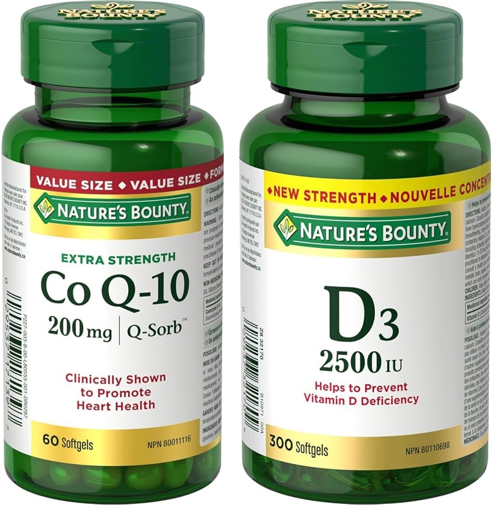 Nature's Bounty Co Q10 强效 200 毫克补充剂促进心脏健康,多色,60 粒软胶囊和维生素 D3 2500 IU,300 粒软胶囊,有助于预防维生素 D 缺乏症,超值装