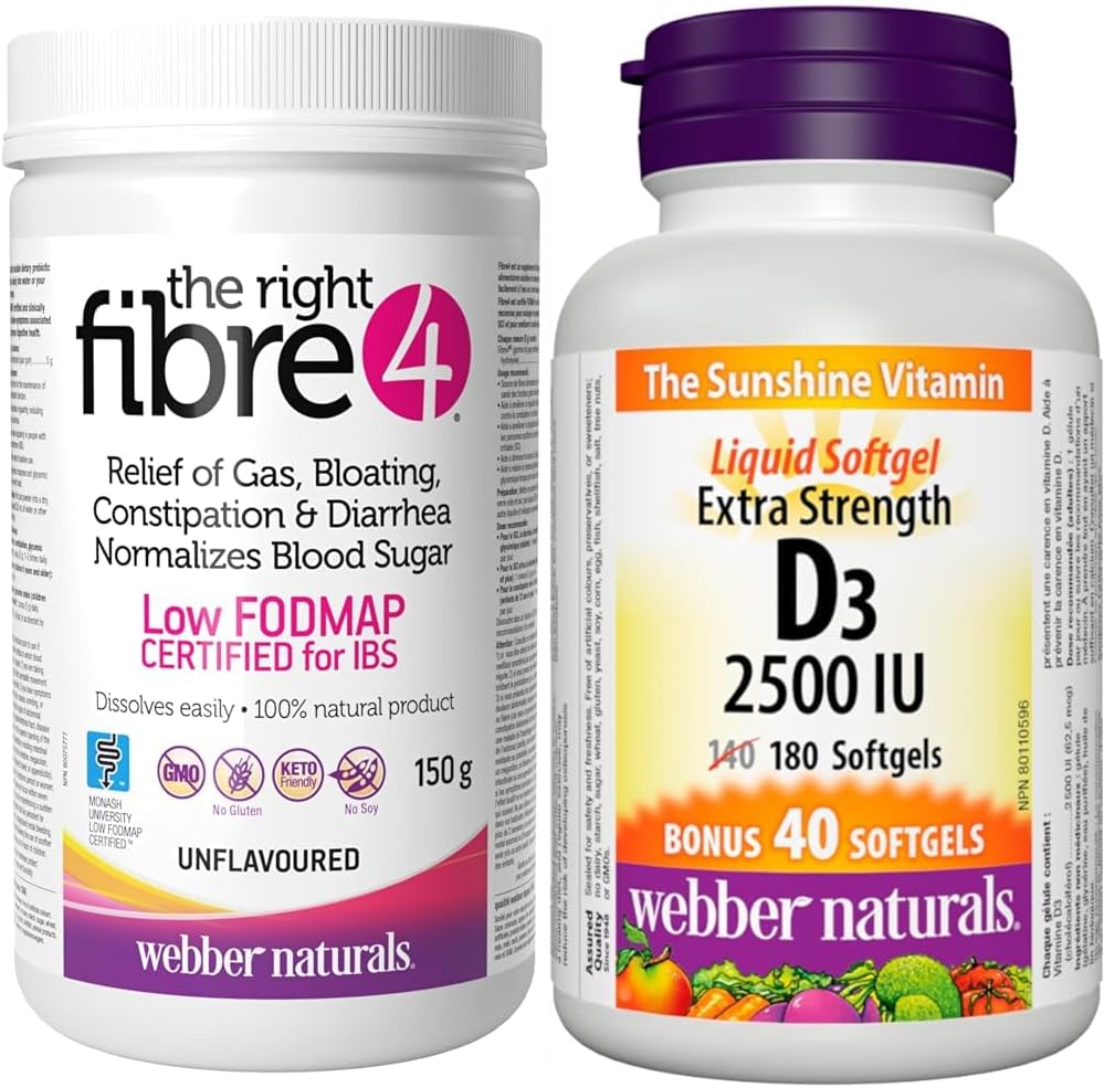 Webber Naturals Fibre4 肠易激综合征肠道不适软胶囊 150 克,原味,30 份,含 2500 国际单位维生素 D3 强效配方,180 粒软胶囊,有益骨骼和牙齿健康