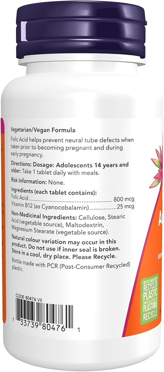 NOW Supplements, 叶酸 800 微克 + B-12(氰钴胺素)25 微克,B 族维生素,250 片