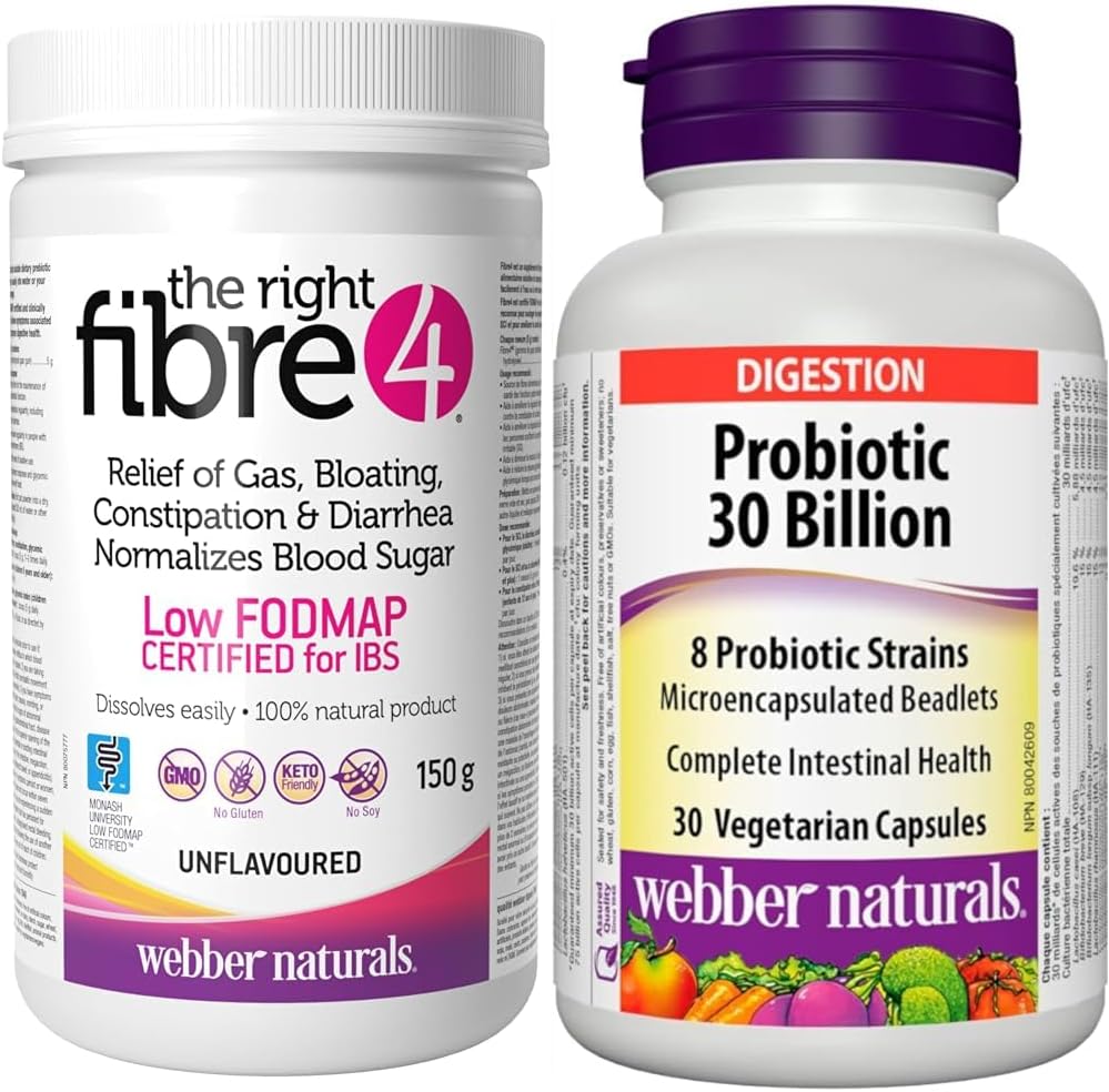 Webber Naturals The Right Fibre4 IBS 腸道不適 150 克,無味,30 份,纖維和益生菌 300 億活性細胞,8 種益生菌菌株,30 粒膠囊,用於消化系統