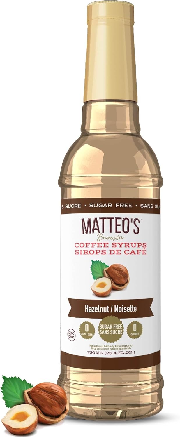 Matteo's Barista 风格无糖咖啡糖浆 - 零卡路里生酮友好型咖啡糖浆和调味料 - 美国制造犹太洁食无糖咖啡调味糖浆,适合家庭和工作(榛子味,25.4 盎司,1 包)