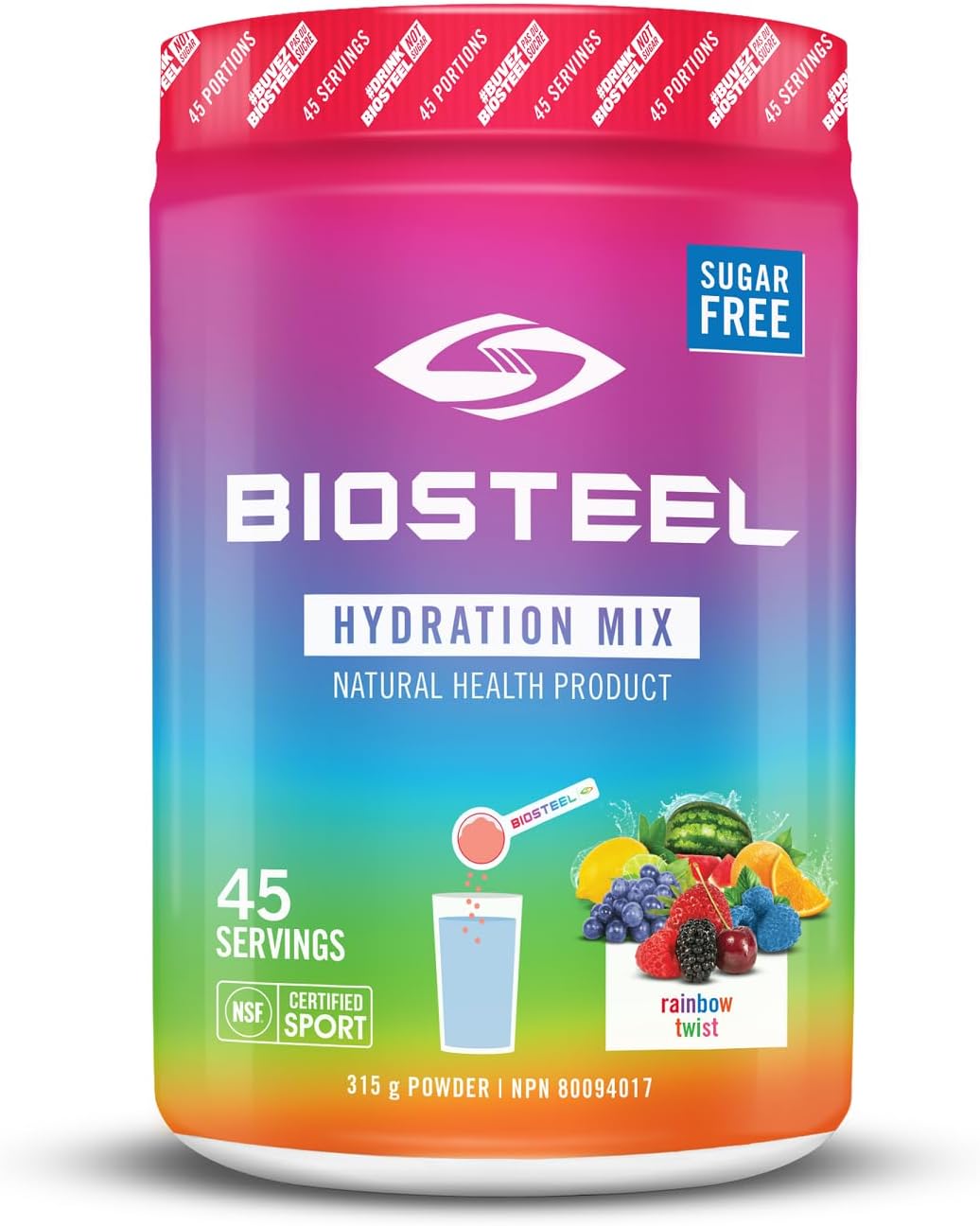BioSteel 运动补水混合物,美味补水,零糖,不含人工香料或防腐剂,彩虹扭扭口味,每桶 45 份