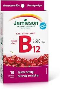 Jamieson 维生素 B12 甲钴胺 2,500 微克,天然野樱桃味,试用装和旅行装,速溶,快速起效,先进配方,天然补充能量,促进新陈代谢。素食,无人工香料……