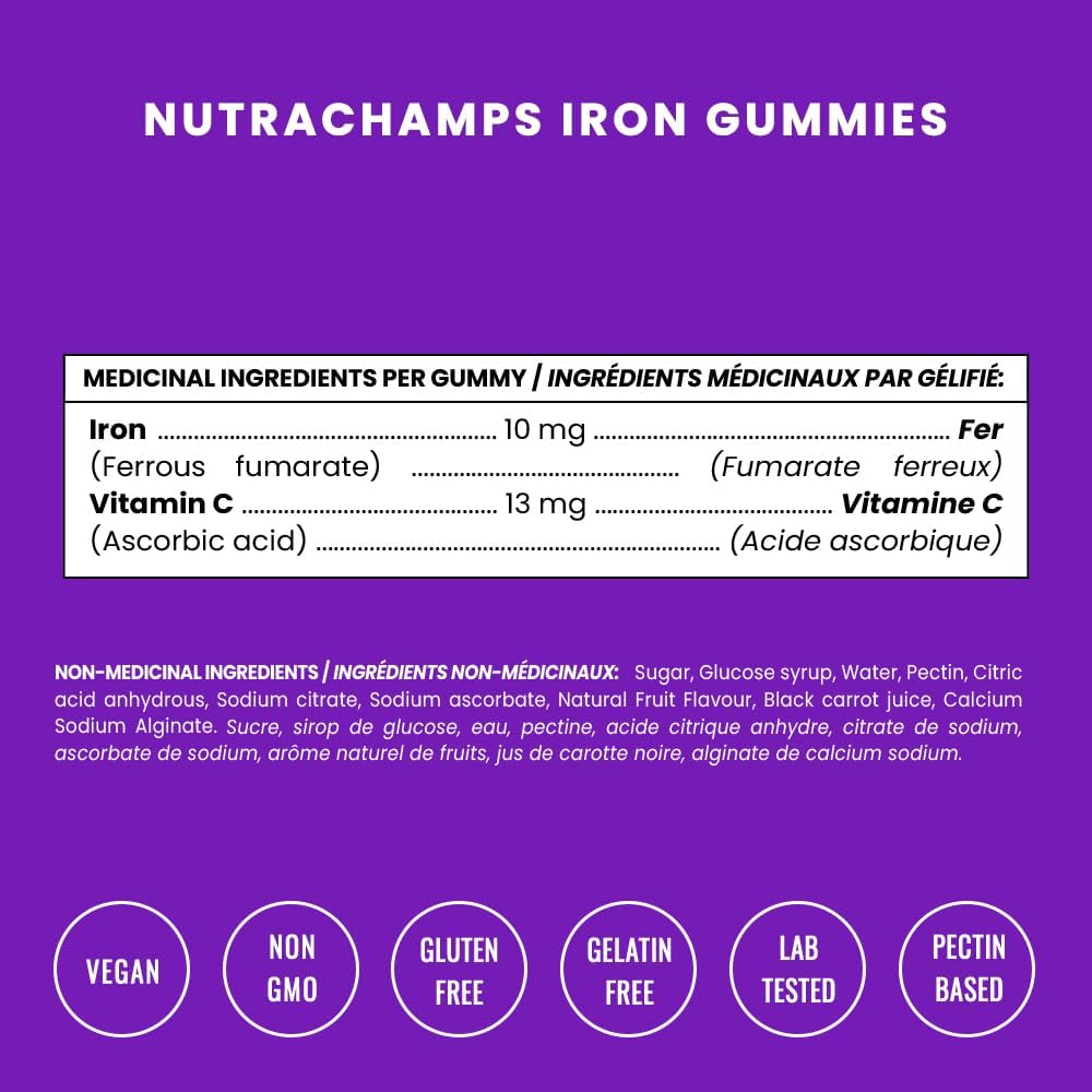 每份含 20 毫克鐵質軟糖 | 含維生素 C 的咀嚼式鐵質補充劑,促進吸收 | 適用於女性、兒童和幼兒 | 產前軟糖補充劑,提供能量和免疫支持 | 純素和非基因改造 | 120 粒軟糖