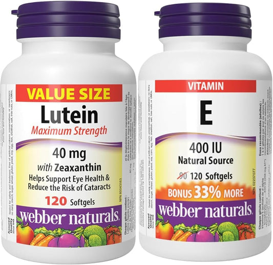 Webber Naturals 叶黄素 40 毫克,含玉米黄质,强效,120 粒软胶囊,支持眼部健康,维生素 E 400 IU,120 粒软胶囊,天然维生素 E 来源,抗氧化支持