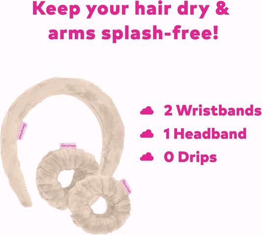 The Original MakeUp Eraser Drip Eraser, Absorbent Headband and Wristbands Collect Water During Face Washing, 3 Piece Spa Set, Sweet Cream, One Size Fits Most