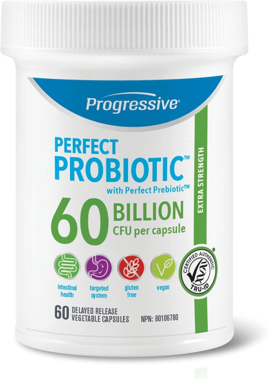 Progressive Perfect Probiotic 600 億 CFU,超強 7 種菌株配方 + 益生元混合物,含有植物乳桿菌和乳雙歧桿菌,延遲釋放,保證效力,貨架穩定,消化和腸道…