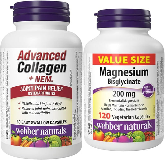 Webber Naturals 高級膠原蛋白,含天然蛋殼膜 (NEM) 和雙甘氨酸鎂 200 毫克,120 粒膠囊,支持骨骼和肌肉功能,純素