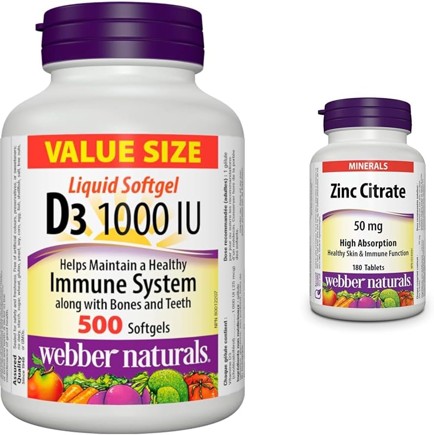 Webber Naturals 维生素 D3 1000 IU,500 粒软胶囊,有益于骨骼和牙齿健康,以及柠檬酸锌 50 毫克,180 片,有益于皮肤健康和免疫支持,纯素