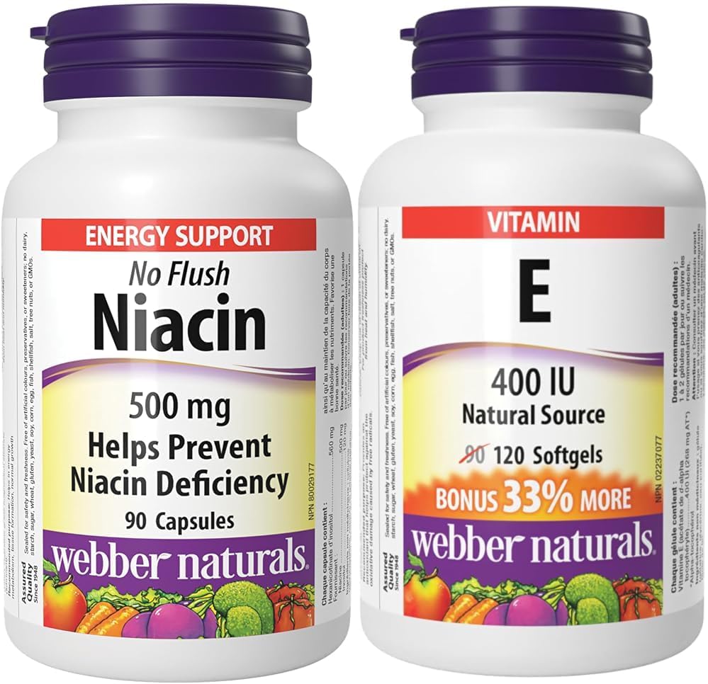 Webber Naturals Niacin 500 mg, 90 Capsules, No Flush, Vitamin B3 Supplement, Supports Energy Production and Metabolism & Vitamin E 400 IU, 120 Softgels, Natural Source of Vitamin E