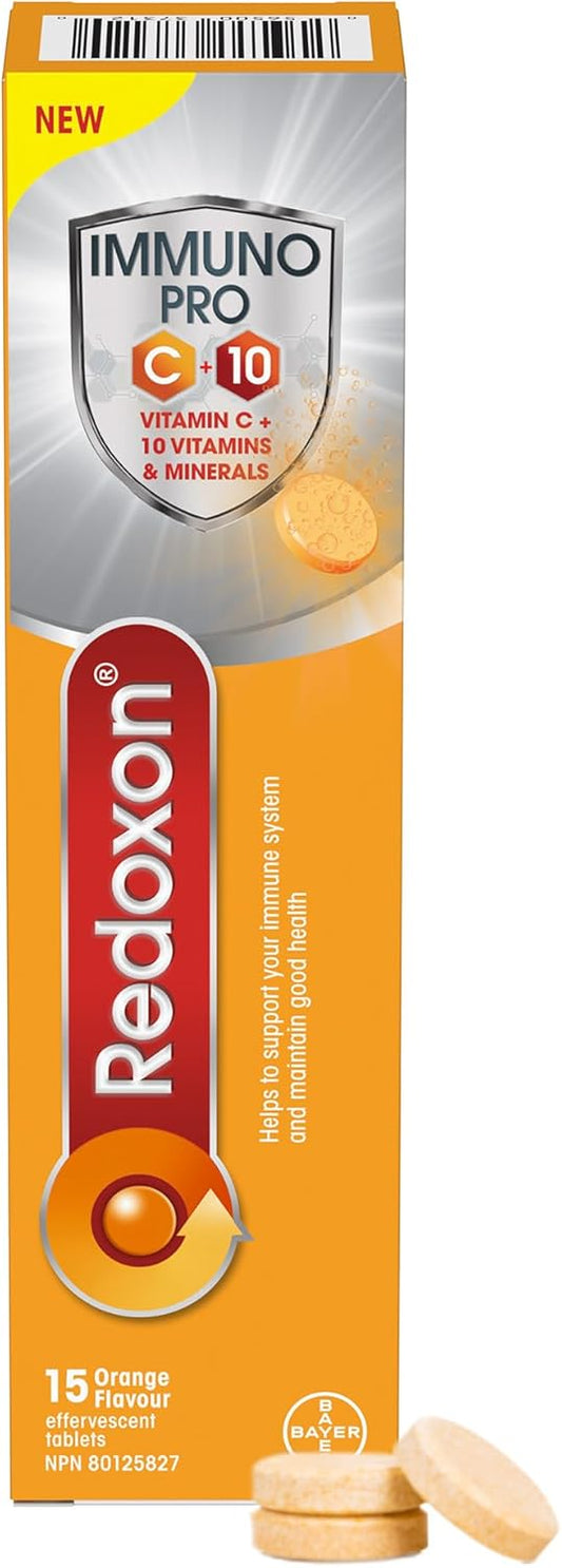 Redoxon® ImmunoPRO 維生素 C、A、B6、B12、D、E、葉酸、鐵、銅、鋅、硒 - 免疫支持泡騰片,成人免疫支持,15 片橙味片劑