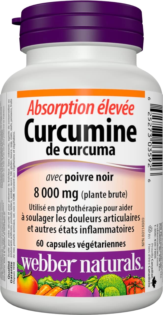 Webber Naturals 薑黃素與黑胡椒高吸收率,8,000 毫克生草本,60 粒膠囊,抗氧化支持,純素