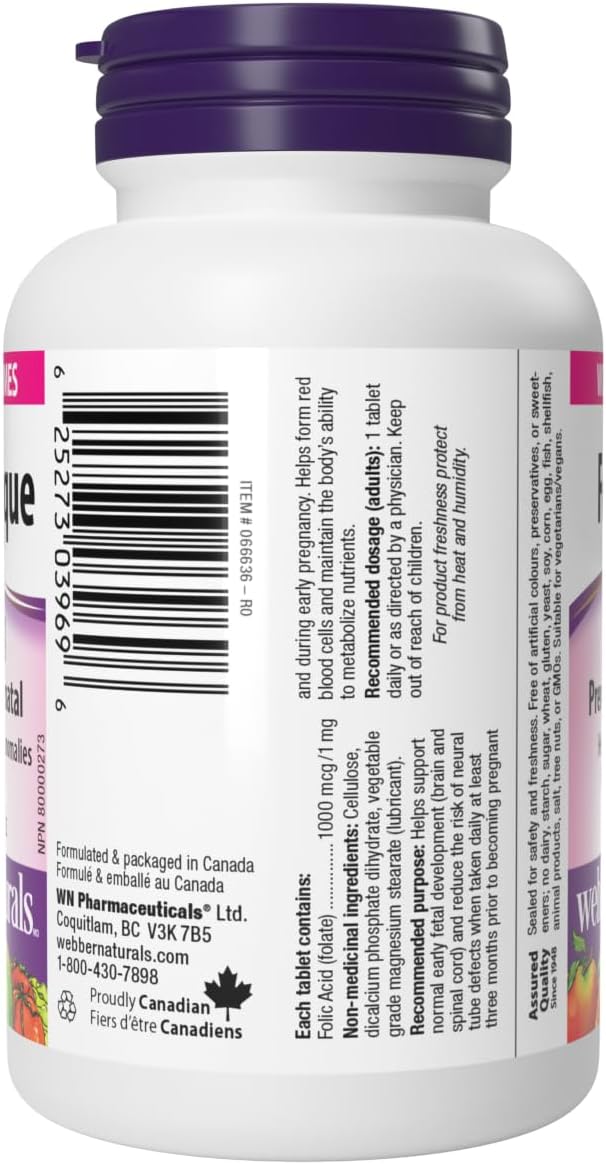 Webber Naturals 葉酸 1000 微克,120 片,產前營養,純素