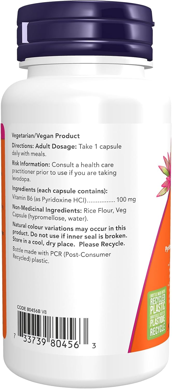 NOW Supplements, 维生素 B-6(盐酸吡哆醇)100 毫克,心血管健康,100 粒素食胶囊