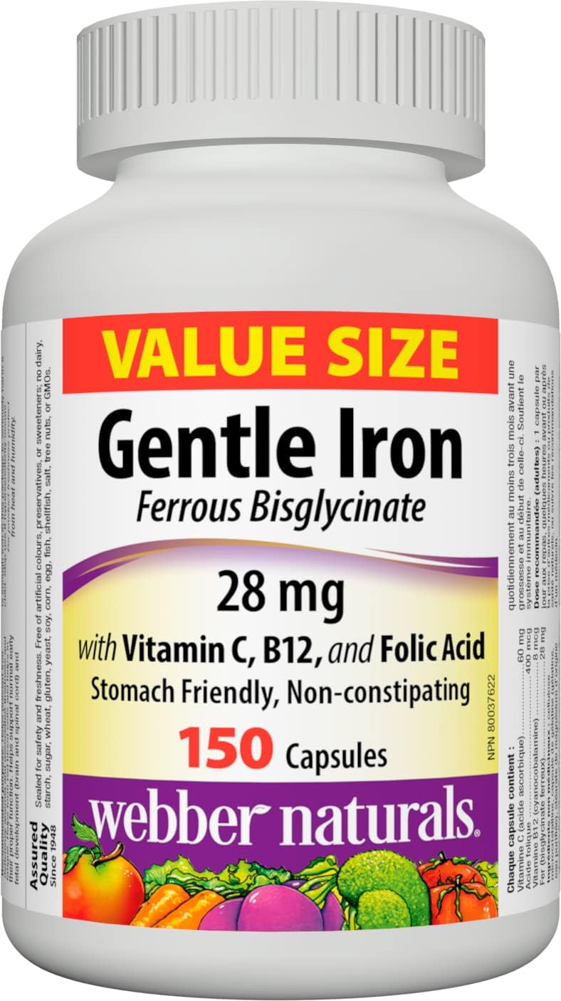 Webber Naturals 溫和補鐵劑,含維生素 C、B12 和葉酸,28 毫克,150 粒膠囊,對胃無害,不引起便秘,有助於預防缺鐵性貧血