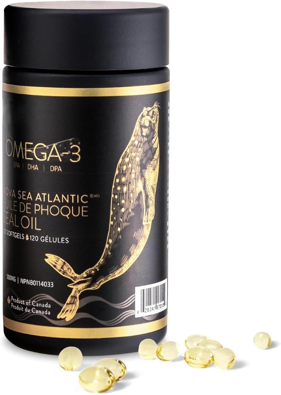 Easy to Swallow Harp Seal Oil Omega 3 6 9 by Nova Sea Atlantic | Made in Canada | Rich Source of EPA, DHA, & DPA for Good Health | 100% Natural Chemical-Free, Non-GMO | 500mg - 120 Softgels(1 Pack)