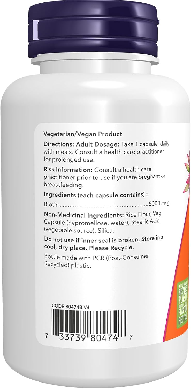 NOW Supplements,生物素 5,000 微克,胺基酸代謝,能量產生,120 粒素食膠囊