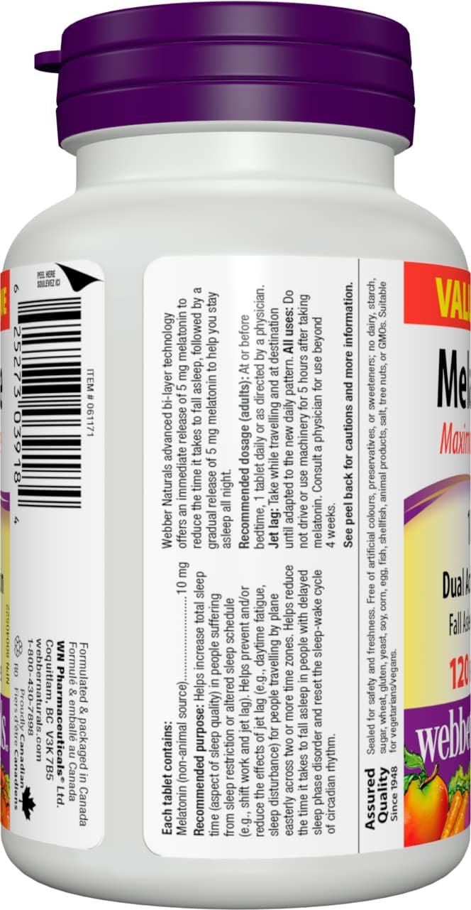 Webber Naturals Melatonin 10 mg Maximum Strength, 120 Dual Action Release Tablets, For Sleep Support, Vegan