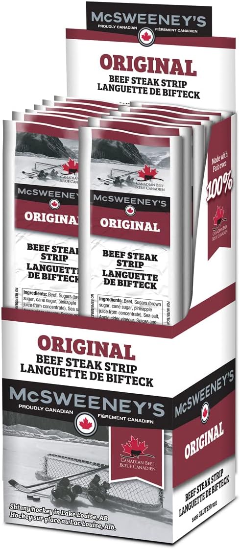 McSweeney's Original Beef Steak Strips Box. 100% Made in Canada, Naturally Smoked, High Protein Snacks, Gluten Free, Meat Snacks, Shelf Stable, Bulk Case 28g (Pack of 12)