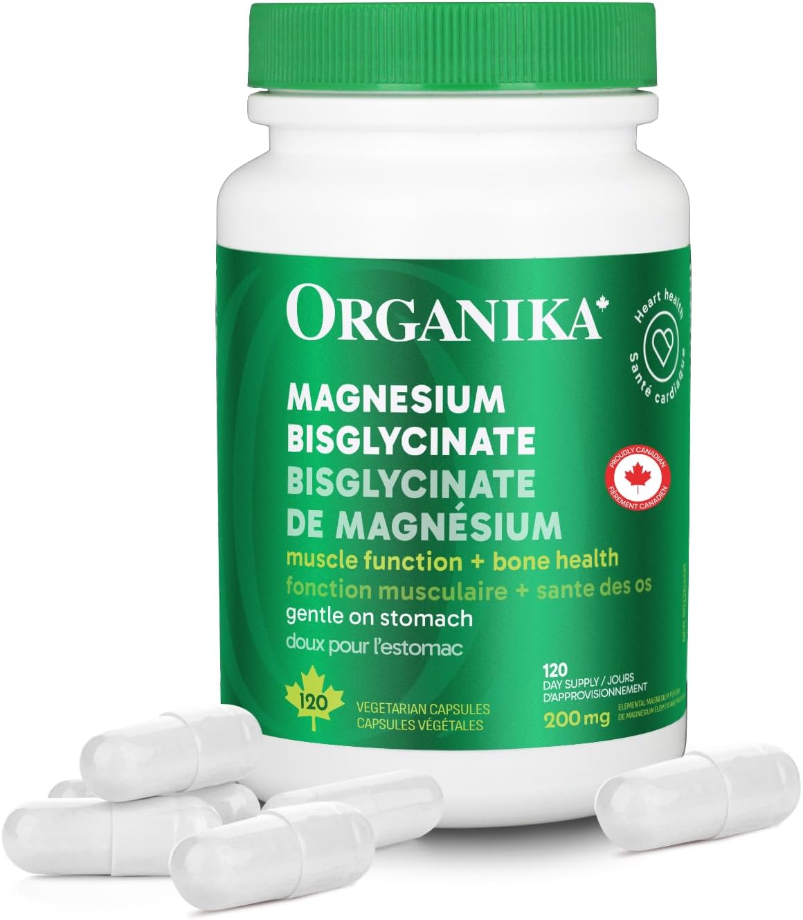 Organika 加拿大製造雙甘氨酸鎂 - 200 毫克,高吸收率,肌肉恢復,心臟支持,120 粒膠囊
