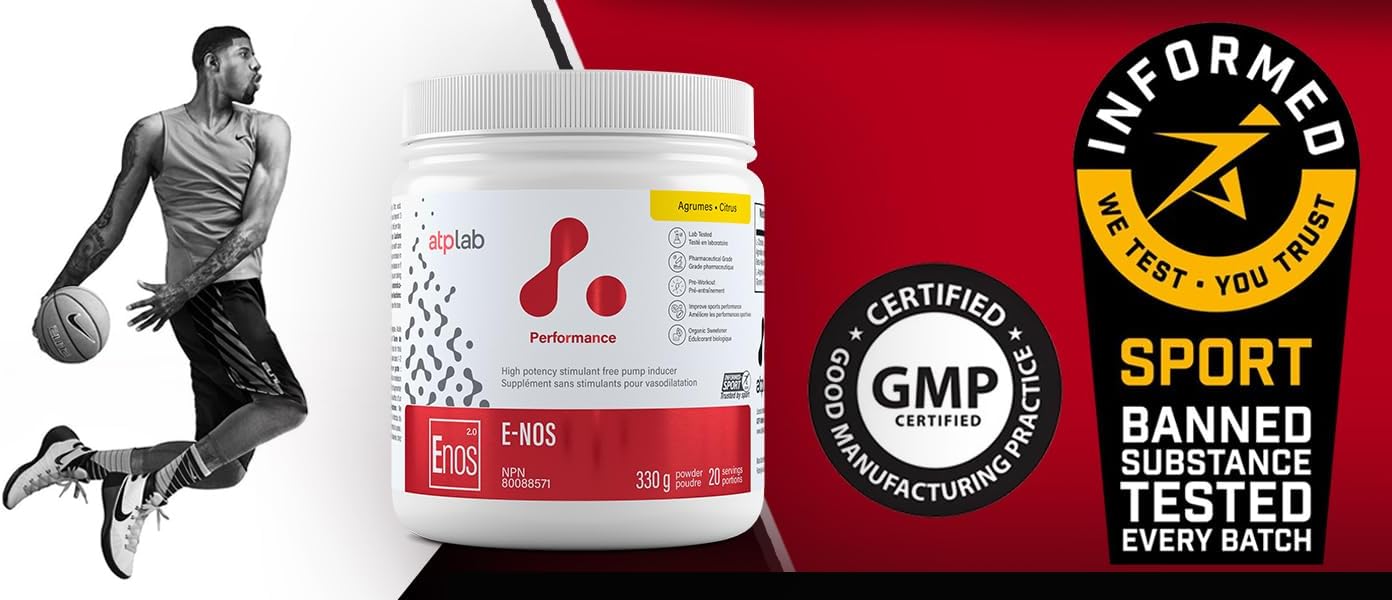 ATP LAB - E-Nos 330g Powder 20-Servings Citrus Flavour - Improve Sports Performance, Helps to Maintain and Support Cardiovascular Health - Pump Inducer and Pre Workout Powder
