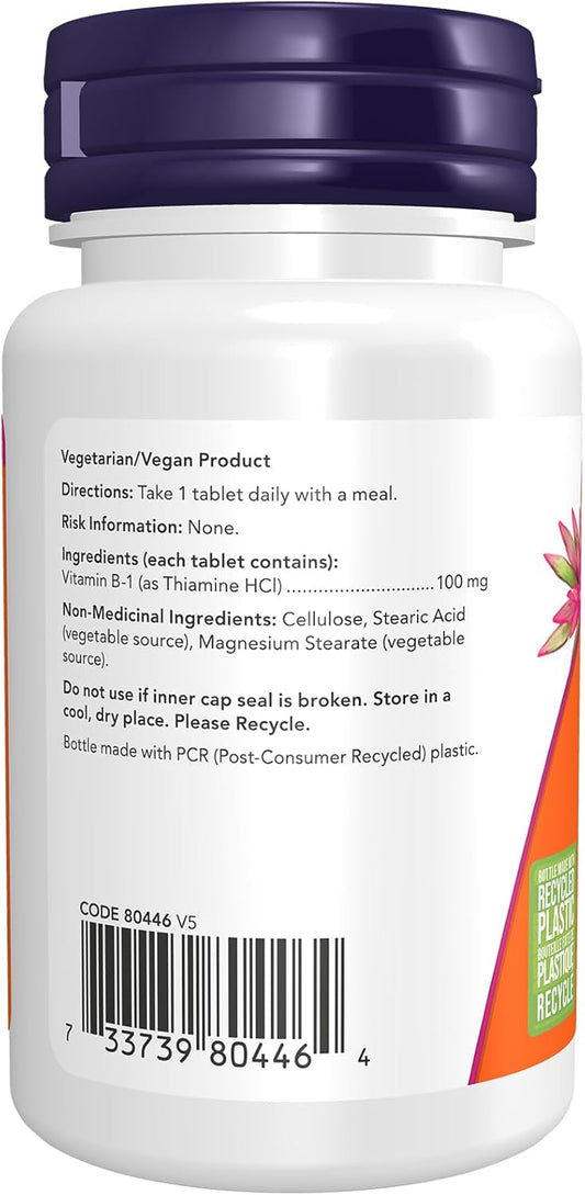 NOW Supplements, 维生素 B-1 100 毫克,促进能量生成,促进神经系统健康,100 片装