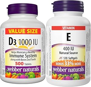 Webber Naturals 維生素 D3 1000 IU,500 片,有助於骨骼和牙齒健康,維持身體健康;維生素 E 400 IU,120 粒軟膠囊,天然維生素 E 來源,具有抗氧化作用