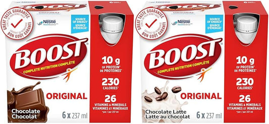 BOOST Original Meal Replacement Drink, Chocolate, 6x237ml, Case Pack of 4, Packaging May Vary & Original Meal Replacement Drink, Choc Latte, 6x237ml, Case Pack of 4, Packaging May Vary