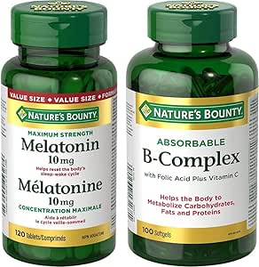 Nature's Bounty Melatonin 10mg 120 Count Value Size Helps Reset Body's Sleep-Wake Cycle & B Complex w/Folic Acid plus Vitamin C, Helps Metabolize Carbohydrates, 100 Softgels