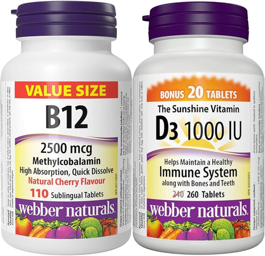 Webber Naturals 维生素 B12 2500 微克速溶片和维生素 D3 1000 国际单位,260 片,有助于骨骼和牙齿健康,维持身体健康