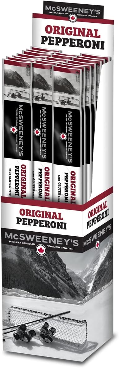 McSweeney's 原味干腌意大利辣香肠条,100% 加拿大制造,干腌意大利辣香肠,天然烟熏,高蛋白零食,无麸质肉类零食,无需冷藏,散装箱。40 克(20 支装)