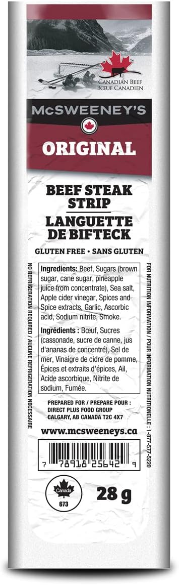 McSweeney's Original Beef Steak Strips Box. 100% Made in Canada, Naturally Smoked, High Protein Snacks, Gluten Free, Meat Snacks, Shelf Stable, Bulk Case 28g (Pack of 12)