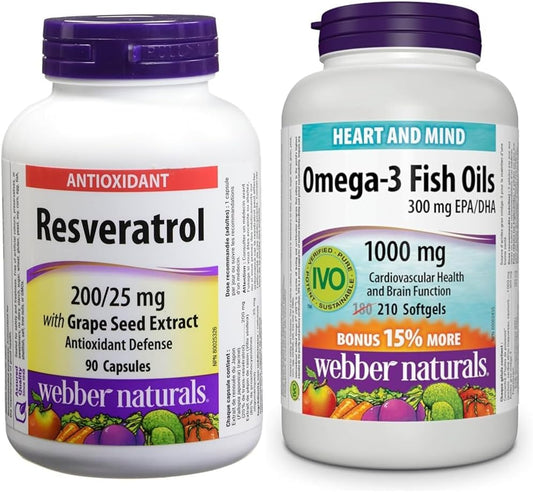 Webber Naturals 白藜芦醇与葡萄籽提取物胶囊,200/25毫克和欧米伽-3鱼油1000毫克,210粒软胶囊,支持心血管健康和大脑功能