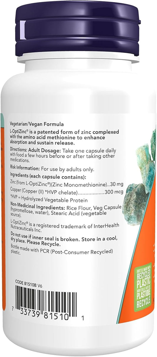 NOW Supplements, L-OptiZinc 30 毫克,含铜,高生物利用度形式,免疫支持*,100 粒素食胶囊