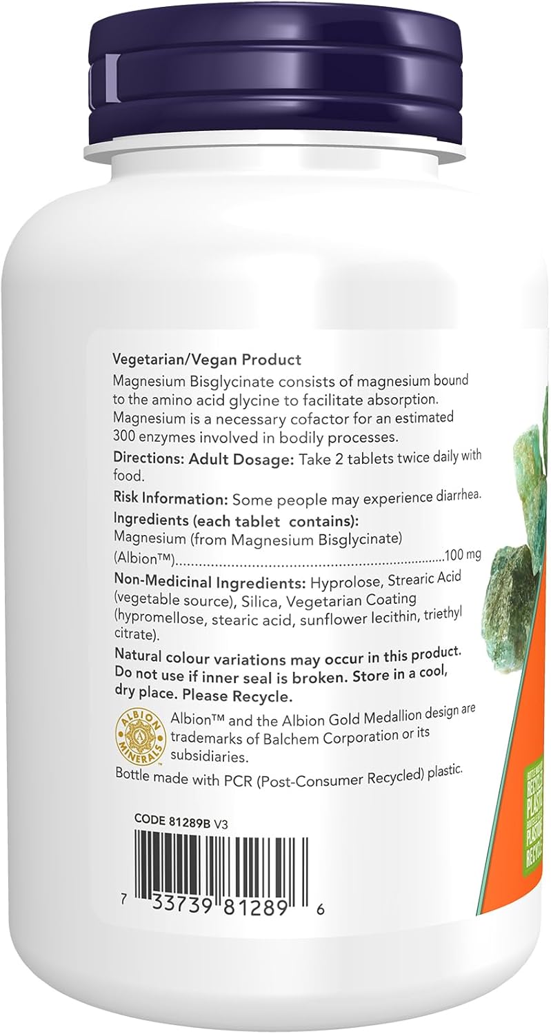 NOW Supplements, 甘氨酸镁 100 毫克,高吸收形式,180 片装