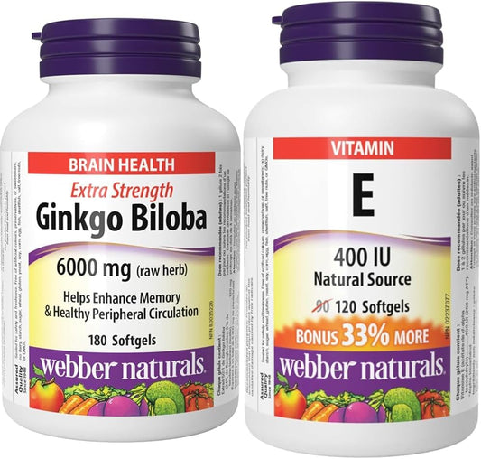 Webber Naturals Ginkgo Biloba 6000 mg, 180 Softgels, Helps Enhance Cognitive Function and Memory & Vitamin E 400 IU, 120 Softgels, Natural Source of Vitamin E, Antioxidant Support