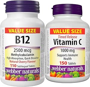Webber Naturals 维生素 B12 2500 微克,速溶 & 维生素 C 缓释 1000 毫克,150 片,有益于骨骼、牙齿、免疫和抗氧化健康