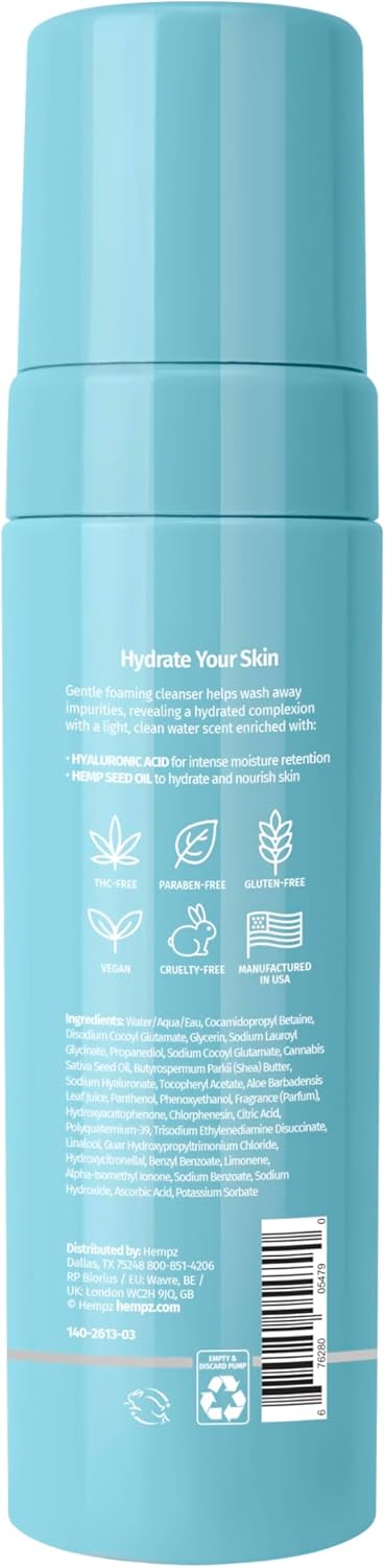 Hempz Ocean Breeze Hydrating Gentle Facial Foaming Cleanser with Hyaluronic Acid - Refreshingly Scented Moisturizing Foam Face Wash for Extremely Dry, Oily, or Sensitive Skin, for Women or Men, 6 Oz